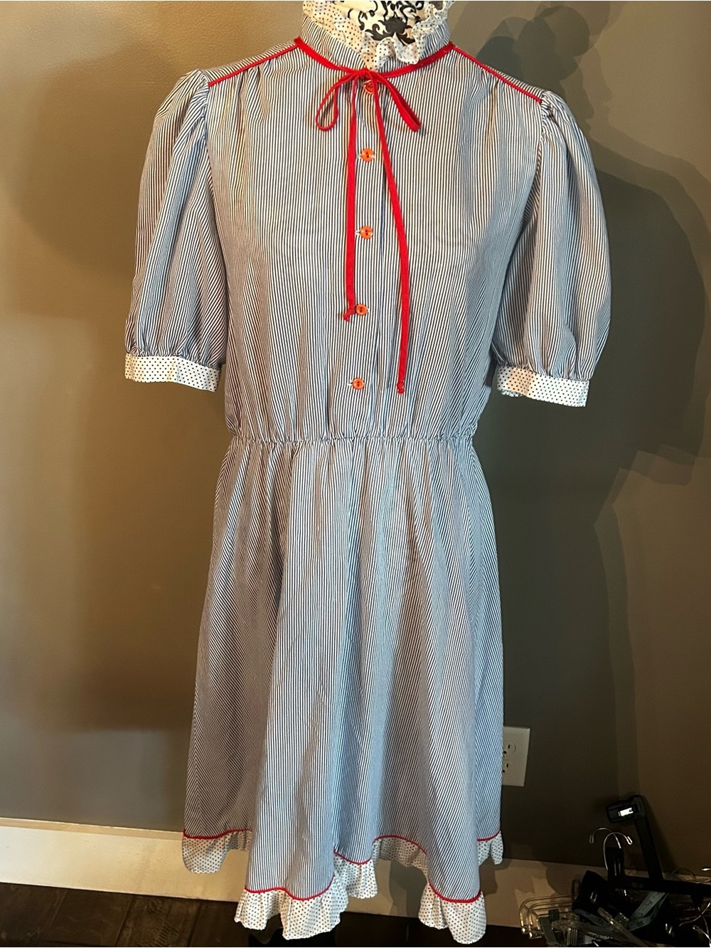 1970’s Handmade Cotton Blue Striped Prairie Dress. Red Trim & Polka Dots 8-10